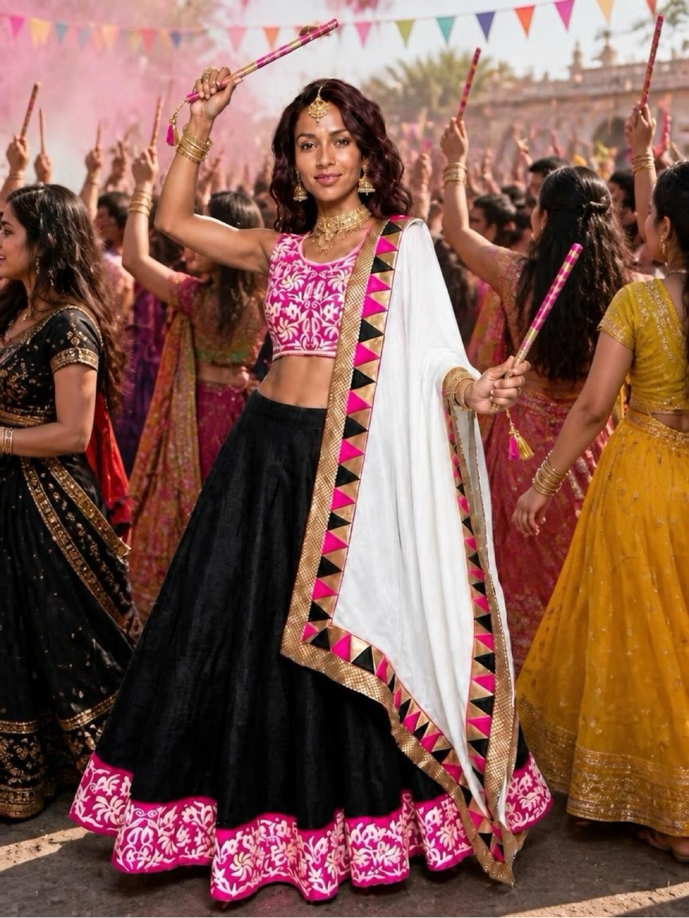 Elegant Black Flare Skirt with Pink and gold Embroidered Hem (Lengha choli)